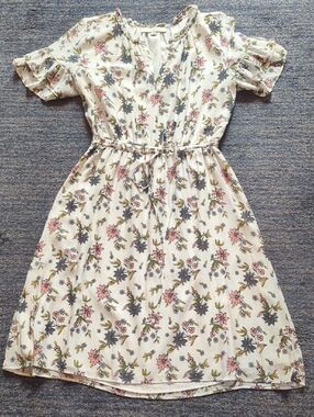 LOFT Cream Floral Midi Dress with Pink & Yellow Accents